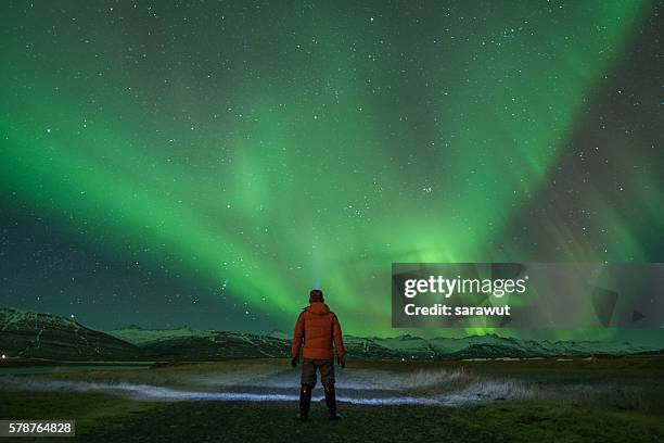 watching the northern lights - man silhouette back lit stock pictures, royalty-free photos & images