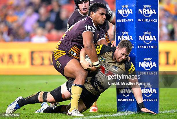 Trent Merrin of the Panthers scores a try during the round 20 NRL match between the Brisbane Broncos and the Penrith Panthers at Suncorp Stadium on...