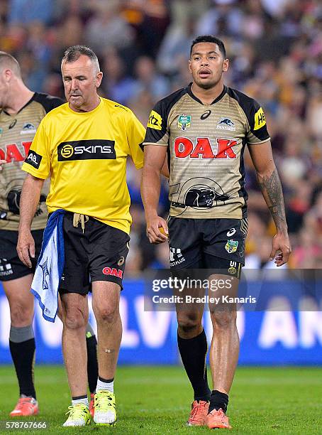 Waqa Blake of the Panthers is taken from the field injured during the round 20 NRL match between the Brisbane Broncos and the Penrith Panthers at...