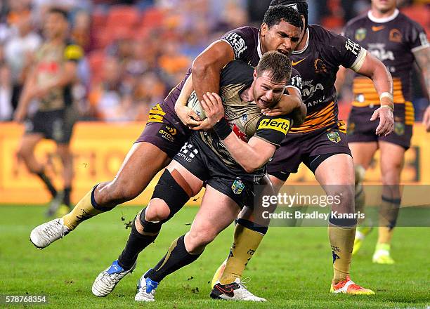 Trent Merrin of the Panthers pushes through the defence to score a try during the round 20 NRL match between the Brisbane Broncos and the Penrith...