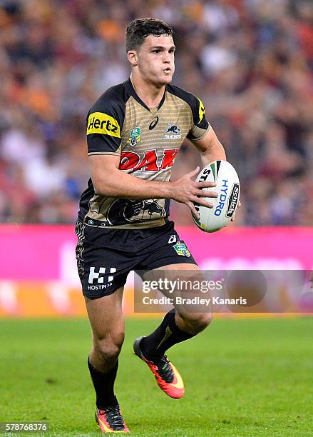 Nathan Cleary of the Panthers runs with the ball during the round 20 NRL match between the Brisbane Broncos and the Penrith Panthers at Suncorp...