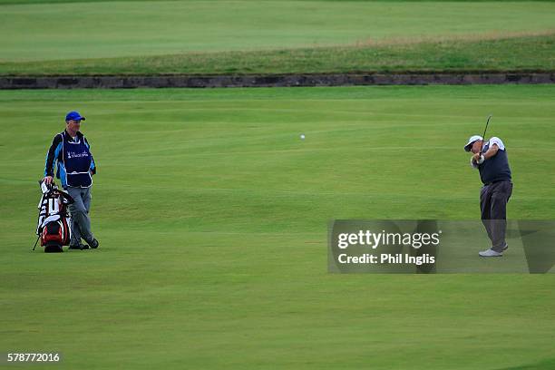 Peter O'Malley of Australia in action during the second round of the Senior Open Championship played at Carnoustie on July 22, 2016 in Carnoustie,...