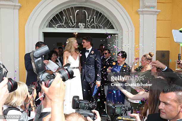 Bridegroom Mario Gomez and his wife Carina Wanzung during the wedding of Mario Gomez and Carina Wanzung at registry office Mandlstrasse on July 22,...