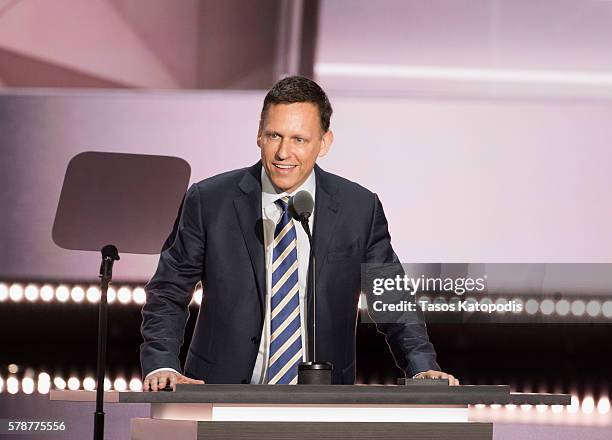 Peter Thiel speaks on the fourth day of the Republican National Convention on July 21 2016 at the Quicken Loans Arena in Cleveland, Ohio. An...