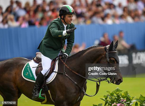 Dublin , Ireland - 22 July 2016; Cian O'Connor, Ireland, celebrates after a clear round competing on Good Luck, during the Furusiyya FEI Nations Cup...