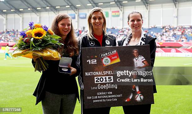 Lena Goessling of Germany is honored prior to the women's international friendly match between Germnay and Ghana at Benteler Arena on July 22, 2016...