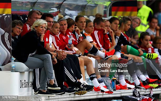 Head coach Silvia Neid of Germany looks on during the women's international friendly match between Germnay and Ghana at Benteler Arena on July 22,...