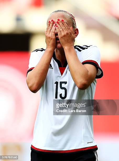 Mandy Islacker of Germany reacts during the women's international friendly match between Germnay and Ghana at Benteler Arena on July 22, 2016 in...