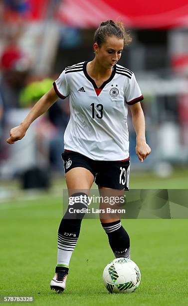 Sara Daebritz of Germany runs with the ball during the women's international friendly match between Germnay and Ghana at Benteler Arena on July 22,...