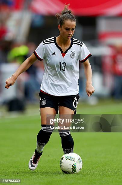 Sara Daebritz of Germany runs with the ball during the women's international friendly match between Germnay and Ghana at Benteler Arena on July 22,...