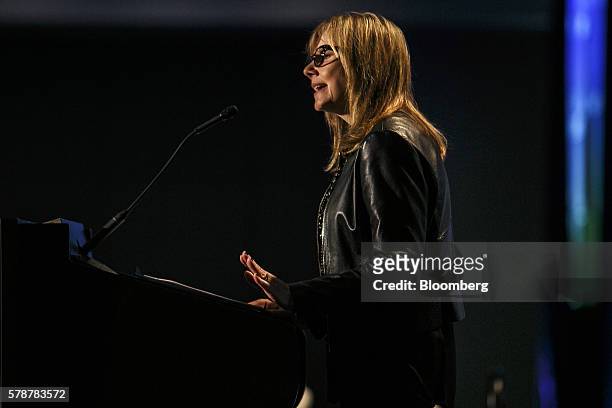 Mary Barra, chairman and chief executive officer of General Motors Co., speaks during the Billington Global Automotive Cybersecurity Summit at the...