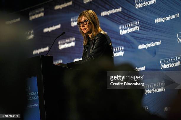 Mary Barra, chairman and chief executive officer of General Motors Co., speaks during the Billington Global Automotive Cybersecurity Summit at the...