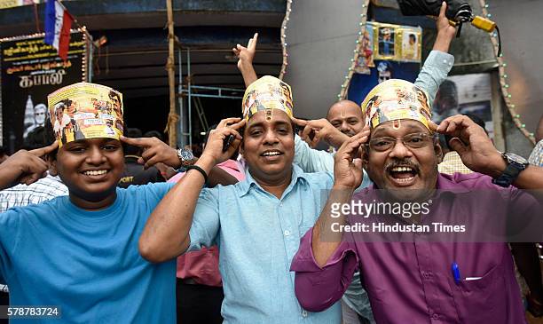 Rajinikanth fans of all ages celebrate the release of Kabali, a Rajnikanth film, at Aurora Talkies on July 22, 2016 in Mumbai, India. It was a...