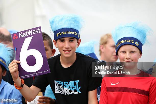 Young Yorkshire fans pose for their photograph prior to the NatWest T20 Blast match between Yorkshire Vikings and Nothamptonshire Steelbacks at...