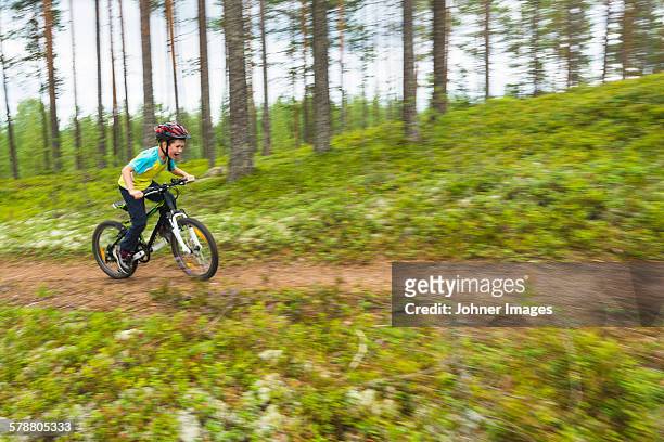 boy cycling through forest - dalarna stock pictures, royalty-free photos & images