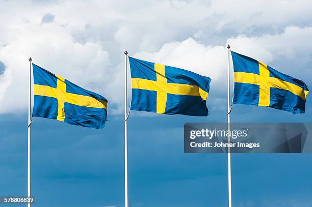 swedish flags against sky - sweden flag stock-fotos und bilder