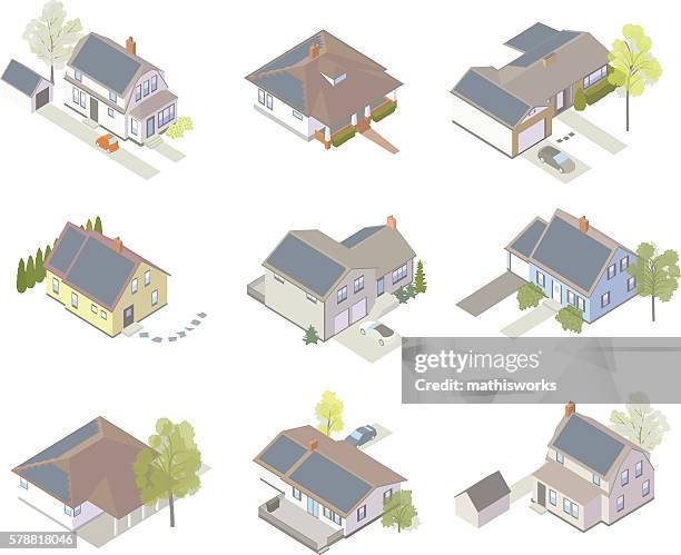 solar powered homes - isometric grid pattern stock illustrations