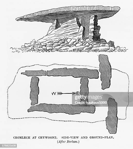cromlech at chywoone, cornwall, england victorian engraving, circa 1840 - pile of rocks white background stock illustrations