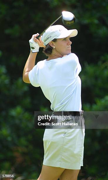 Eathorne of Canada hits her tee shot on the 18th hole at the Pine Needles Lodge and Golf Club during the first round of the United States Women's...