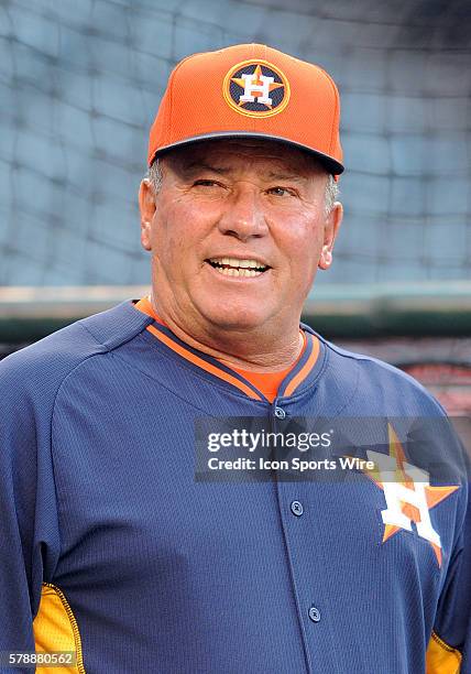 Houston Astros bench coach Dave Trembley on the field during batting practice before a game against the Los Angeles Angels of Anaheim played at Angel...