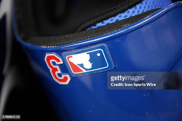 Texas Rangers Infield Luis Sardinas [8619] batting helmet in the Rangers' dugout before their game with the Detroit Tigers at Comerica Park in...