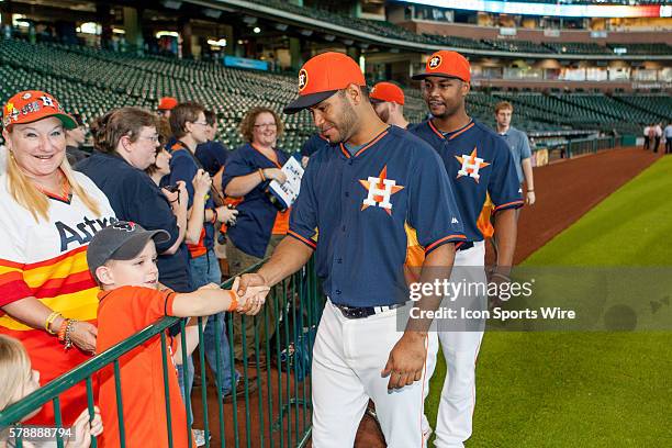 Houston Astros second baseman Gregorio Petit and L.J. Hoes meeting with fans during Fan Appreciation Day before before the between the Houston Astros...