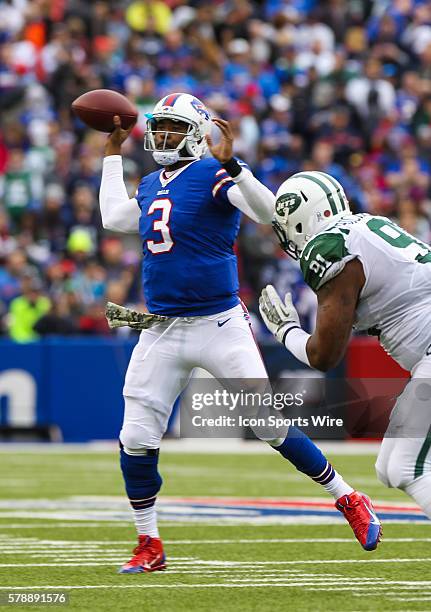 Buffalo Bills quarterback EJ Manuel during a NFL game between the New York Jets and the Buffalo Bills at Ralph Wilson Stadium in Orchard Park, NY.