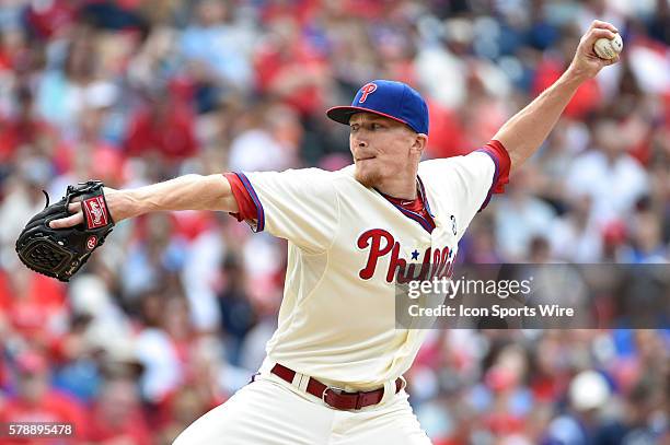 Philadelphia Phillies relief pitcher Jacob Diekman throws against the Los Angeles Dodgers at Citizens Bank Park in Philadelphia, PA. The Phillies won...