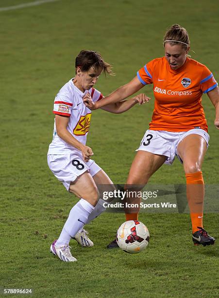 Western New York Flash forward Sonia Bermudez and Houston Dash forward Lindsay Elston fight for ball during the MWSL Western New York Flash vs...