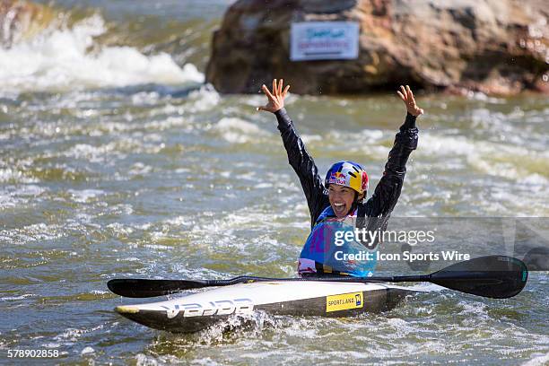 Jessica Fox celebrates after her winning run, at the Deep Creek 2014 whitewater slalom World Championships at Adventure Sports International Center...