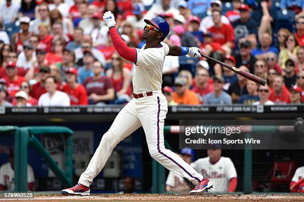 Philadelphia Phillies left fielder Domonic Brown swings against the Los Angeles Dodgers at Citizens Bank Park in Philadelphia, PA. The Phillies won...