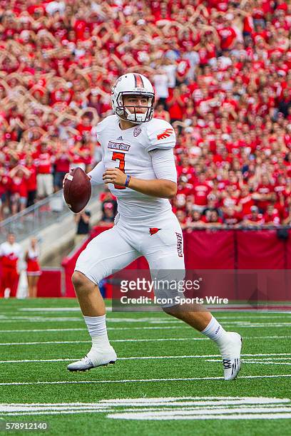 Bowling Green Falcons quarterback James Knapke looks to pass the ball as the Wisconsin Badgers defeated the Bowling Green Falcons at Camp Randall...