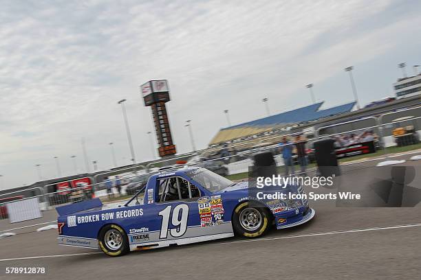 Tyler Reddick, driver of the No. 19 Broken Bow Records Ford, during practice for the NASCAR Camping World Truck Series American Ethanol 200 presented...