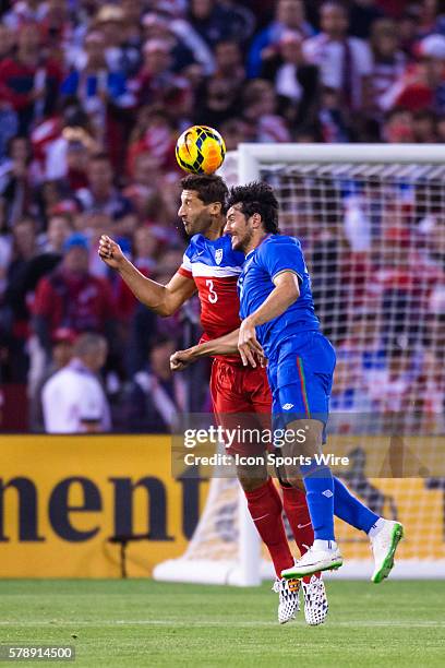 United States defender Omar Gonzalez and Azerbaijan midfielder Gara Garayev battle to get a head on the ball, during the game between the US Men's...