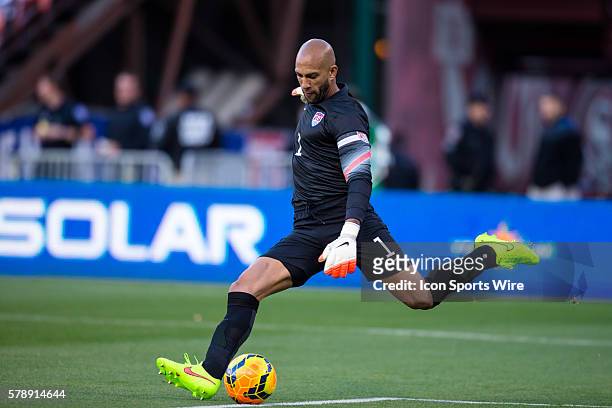 United States goalkeeper Tim Howard takes a goal kick, during the game between the US Men's National Team and the Azerbaijan Men's National Team at...