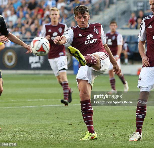 Colorado Rapids defender Marc Burch kicks the ball in a Major League Soccer match against the Philadelphia Union at PPL Park in Philadelphia,...