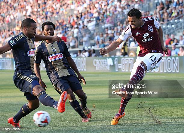 Colorado Rapids forward Kamani Hill shoots the ball in a Major League Soccer match against the Philadelphia Union at PPL Park in Philadelphia,...