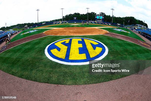 View of the SEC logo and field from behind home plate during the2014 Southeastern Conference Baseball Championships at Hoover Metropolitan Stadium,...