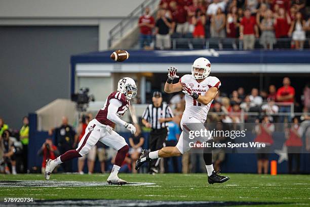 Arkansas Razorbacks tight end AJ Derby during the Southwest Classic football game between the Arkansas Razorbacks and the Texas A&M Aggies played at...
