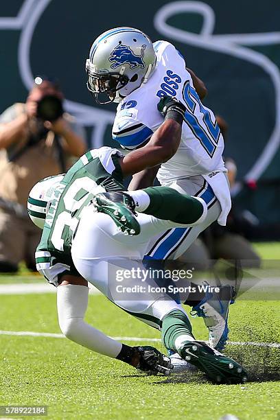 Detroit Lions wide receiver Jeremy Ross gets away from New York Jets cornerback Antonio Allen on his way to the end zone during the second quarter of...