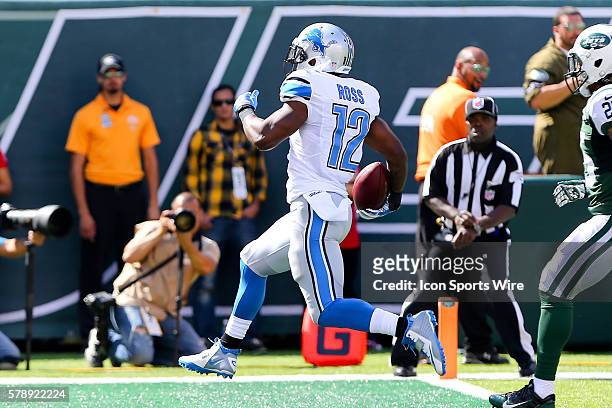 Detroit Lions wide receiver Jeremy Ross on his way to the end zone and scoring a touchdown during the second quarter of the game between the New York...