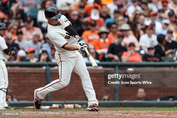 San Francisco Giants left fielder Juan Perez singles through the hole at shortstop during the eighth inning during the eighth inning of the MLB game...