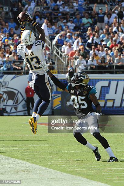 September 28, 2014; San Diego, Ca; USA; San Diego Chargers Wide Receiver Keenan Allen goes up over Jacksonville Jaguars Cornerback Demetrius McCray...