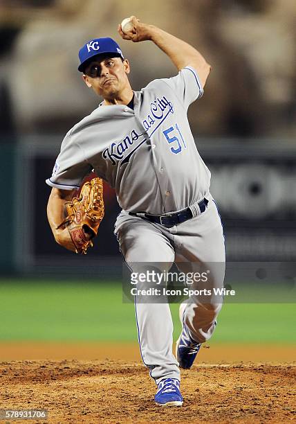 Kansas City Royals pitcher Jason Vargas in action during ALDS game one against the Los Angeles Angels of Anaheim played at Angel Stadium of Anaheim.