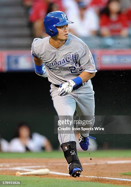 Kansas City Royals Nori Aoki gets the first hit of the game during ALDS game one against the Los Angeles Angels of Anaheim played at Angel Stadium of...