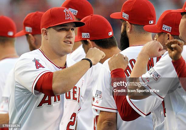 Los Angeles Angels of Anaheim Mike Trout takes the field during player introductions before ALDS game one against the Kansas City Royals played at...