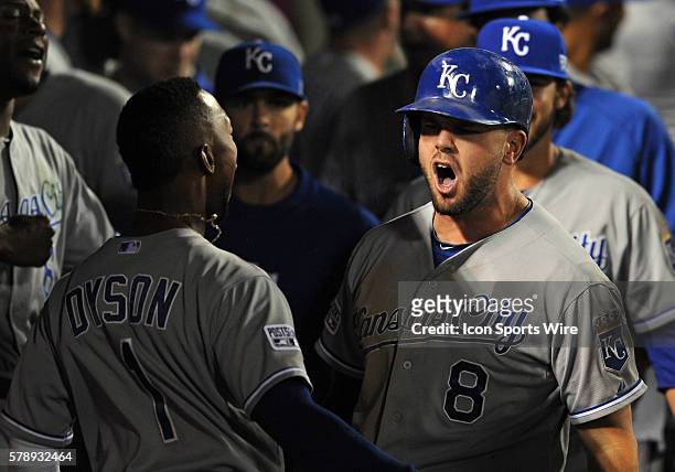 Kansas City Royals Mike Moustakes in the dugout after hitting a solo home run in the eleventh inning during ALDS game one against the Los Angeles...