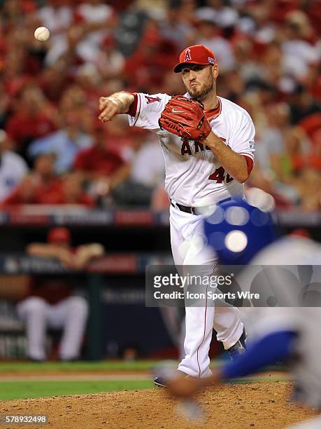 Los Angeles Angels of Anaheim pitcher Kevin Jepsen makes a pickoff throw to first base during game one of the ALDS against the Kansas City Royals...