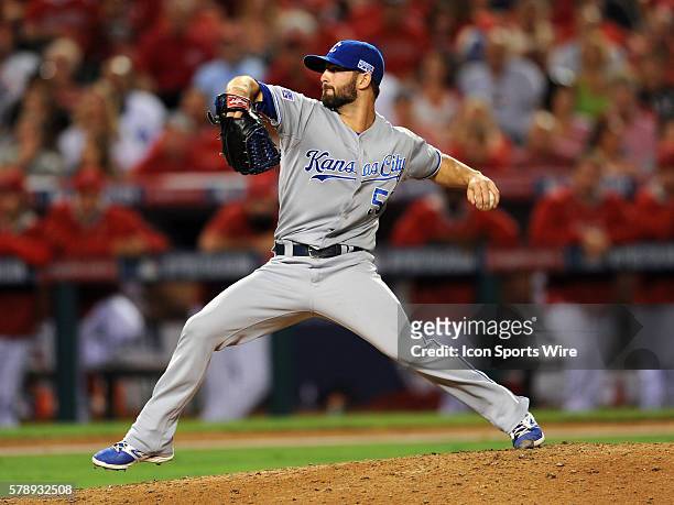 Kansas City Royals pitcher Tim Collins in action during ALDS game one against the Los Angeles Angels of Anaheim played at Angel Stadium of Anaheim.