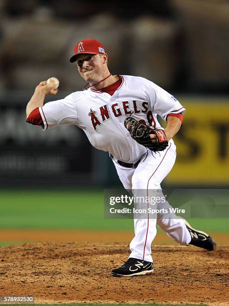Los Angeles Angels of Anaheim pitcher Joe Smith in action during game one of the ALDS against the Kansas City Royals played at Angel Stadium of...